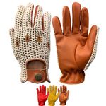 Prime Sports Shop Ultimate Premium Real Leather Driving Gloves with Crochet Net for Breathability and Comfort 505 Colour: Red, Tan and Yellow with White net (505 Tan, L)