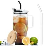 AiHeart 32oz Glass Tumbler with Handle,Glass Water Cup with Straws and Lids.Large Capacity Iced Coffee Cup with Silicone Coaster,Cute Tumbler for Tea Smoothie Juice(Black)