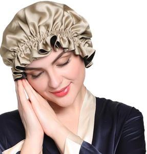 LilySilk Pure Silk Lined Cap for Women Sleep, Double Layered, Adjustable Ribbons, Luxury Natural Silk Bonnet Cap for Sleeping Coffee+Black