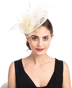 SAFERIN Fascinator for Women Hair Clip Hat Bowler Feather Flower Veil Wedding Party Hat Tea Hat（TA4-Beige）