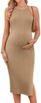 Ekouaer Women's Sleeveless Maternity Dress Summer Casual Ribbed Knit Stretchy Bodycon Dress for Baby Shower Khaki XL