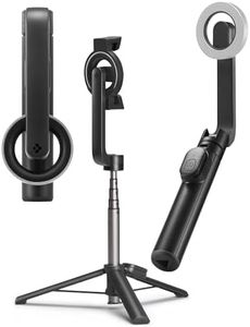 Spigen S572 Selfie Stick Tripod, [Light Weight] [Wireless Bluetooth Remote] Enhanced Stability with Rubber Hoder, Optimized for iPhone 16/15/14/13/12 and Other Phones with Magsafe Cases - Black