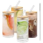 misognare Drinking Glasses with Bamboo Lid and Straws 14OZ Reusable Ribbed Glassware Crystal Iced Coffee Tumblers Set of 4