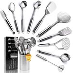 Stainless Steel Kitchen Utensils Set - 11pcs Cooking Utensils Set, LYLAB Utensil Set with Holder for Cooking, Heat Resistant Kitchen Utensils Sets with Potato Masher, Skimmer, Spoons, Turners, Whisk