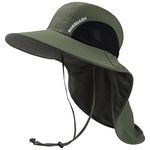 BASSDASH UPF 50+ Unisex Water Resistant Wide Brim Sun Hat with Large Neck Flap Ponytail Fishing Hat for Men Women, Army Green, One Size