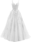 Lace Applique Wedding Dresses for Bride 2024 Spaghetti Straps Tulle Prom Dress A-Line Formal Evening Party Ball Gowns, White, 12