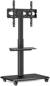 RFIVER Mobile TV Stand on Wheels for Most Flat Curved 32-65 inch TVs, Swivel Rolling TV Stand with Wooden Base, Height Adjustable with 1 Shelf Max VESA 400x400 mm up to 35kgs