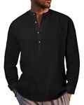 LVCBL Linen Shirts Men Casual Henley Long Sleeve Shirt Summer Beach Loose Fit Top Black 2XL