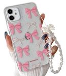 MINSCOSE Compatible with iPhone 11 Case,Cute Bling Ribbon Bow Design with Chain, Aesthetic TPU Shockproof Protection Slim Thin Cover for Girls Women 6.1 inch - Pink