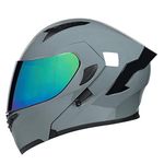 Woljay Full Face Flip Up Motorcycle Modular Helmet Integrated Motorbike Dual Visor for Adults Men Women Moped Street Racing DOT Approved (XL,Grey-Multicolor Visor)