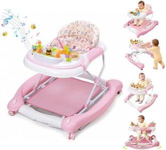 5 in 1 Baby Walker, Music and Lights Walker for Baby Boy Girls 6-12 Months, Foldable Baby Walkers with Wheels and Bouncer Combo Portable, Toddler Infant Walker with Adjustable Height