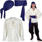 Unittype 3 Pieces Pirate Costume for Men, Pirate Shirt Pirate Head Scarf and Pirate Sash Belt Costume for Men (Blue)