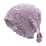 ZLYC Women Cotton Crochet Slouchy Beanie Hat Handmade Knit Cutout Summer Floral Skull Cap(Ponytail Purple)