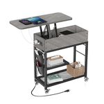 Merapi Lift-top End Table with Charging Station, Gray Sofa Side Table, Nightstand with Wheels and USB Ports for Living Room, Bed Room, Study