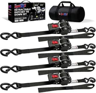 Retractable Ratchet Straps (4-Pack) - Heavy Duty Auto Slow Retraction Tie Down Straps - 1 Inch x 13 Feet (1,800lb Break Strength) for Truck, Cargo Trailer, Motorcycle, ATV, UTV - Black