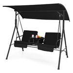 Tangkula 2 Person Porch Swing, Outdoor Swing with Pivot Storage Table, Cooler Bag, 2 Cup Holder, Removable Cushions, Patio Swing with Canopy for Backyard Balcony Poolside (Black)