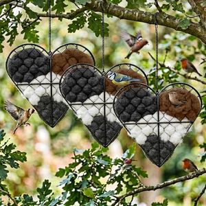 ENIPEDITA 3 Pcs Handmade Bird Nesting Heart Refillable, Garden Art Gift with 4 Bags Natural Bird Nesting Materials Hummingbird Houses Winter Shelter for Bird Lovers Yard Garden Outdoor Decoration