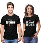 Hangout Hub Hangout-Hub505$P Couple Tshirts for Couples | Printed The Boss The Real Boss T-Shirts(Black;Men XXL, Women L) Men's and Women's Round Neck T-Shirt (Pack of 2, Cotton)