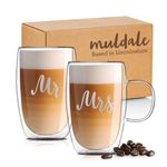 Muldale Mr and Mrs Coffee Mug Set - Insulated Borosilicate Glass - 430ml His and Hers Large Latte Glasses - Wedding Gifts for Couples