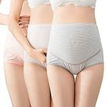 TRISTIN Cotton 3 Pack Pregnancy Maternity Overbump Smile High Waist Adjustable Underwear Knickers/Nursing Briefs, 14-16, Nude+pink+gray(3 Pack Striped)