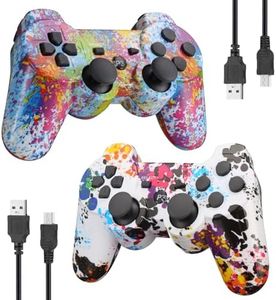 PS-3 Controller, 2 Pack Wireless Controller for PS3 for Sony Playstation-3, Double Shock, Bluetooth Connection, Rechargeable, Motion Sensor, Upgraded Remote Gamepads for PS3, 2 x USB Charging Cords