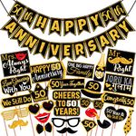 Wobbox 50th Anniversary Photo Booth Party Props DIY Kit with 50th Anniversary Bunting Banner, Golden Gliter & Black, Anniversary Party Decoration