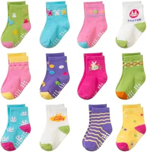 AMENLAN Toddler Non Slip Grips Socks Kids Anti Skid Baby Boys Girls Cotton Crew Socks 12 Pairs (Green Rabbit, 1-3 Years)