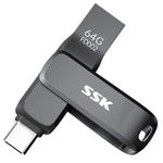 SSK 64GB USB 3.2 Thumb Drive, Up to 200 MB/S Read Speed Memory Stick, Dual USB Flash Drive with USB Type-C and USB A,Robust Black Metal Pen Drive for Smartphones, Tablets, MacOS,computers,Car, TV