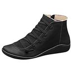 Lace-up Wedge Boots Arch Support Boots for Women Premium Orthopedic Ankle Boots Vintage Leather Comfortable Cute Side Zip Wedge Booties Fashion Anti-Slip Winter Casual Shoes Office Dress (Black-01, 5)