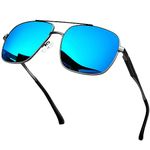 KANASTAL Blue Square Sunglasses Mens Polarised Blue Mirrored Womens Metal Oversized Classic Vintage Wide Mirror UV400 Protection -Black Frame Blue Lens