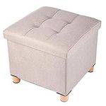 BRIAN & DANY Folding Ottoman Storage Box with Wood Legs, Linen Foot Stool, Footstool with Storage, Highly Elastic Sponge Filling, Beige, 38 x 38 x 38 cm