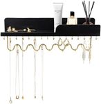 Lampaggio Hanging Jewelry Organizer with 29 Hooks and Cosmetics Shelf, Modern Wood Wall Mounted Jewelry Holder for Necklaces, Bracelets, Earrings and Rings, Black