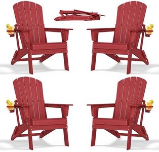 nevilywood Folding Adirondack Chair with Cup Holder Set of 4, HDPE Patio Chairs,All-Weather Outdoor Chairs for Backyard, Deck,Fire Pit-Red