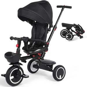 8 In 1 Tricycle for Toddlers 7 Months to 5 Years, Folding Baby Tricycle with Push Handle, Kids Push Trike with Safety Belt, Handrails, Removable Canopy, Storage, Stroller Bike Gift for Toddlers, Black