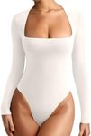 REORIA Womens Sexy Long Sleeve Square Neck Lightweight Double Lined Basic Layering Slim Soft Leotards Shirts Fall Going Out Bodysuit Tops Lvory White Small-