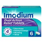 Imodium Dual Action, Relief from Diarrhoea Plus Painful Cramping Bloating Wind, Blue, 6 Tablets (Pack of 1)