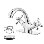 Polish Chrome Bathroom Sink Faucet Pop up Drain with Overflow Double Cross Handle Single Hole Deck Mount Cold Hot Mixer Vintage Vanity Tap with Cover Deck Plate