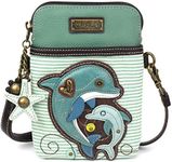 CHALA Cell Phone Crossbody Purse-Women PU Leather/Canvas Multicolor Handbag with Adjustable Strap - Dolphin - teal stripe