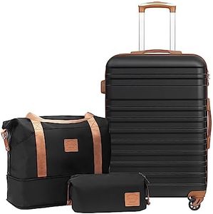 COOLIFE Suitcase Trolley Carry On Hand Cabin Luggage Hard Shell Travel Bag Lightweight with TSA Lock,The Suitcase Included 1pcs Travel Bag and 1pcs Toiletry Bag (Black/Brown, 24 Inch Luggage Set)