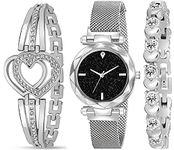 Acnos Premium Brand - A Watch Analogue Plain Black Dial Silver Magnet Watch With Gift Bracelet For Women Or Girls And Watch For Girl Or Women (Combo Of 3, Metal)