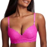 DOBREVA Women's Push Up Bra Non Wired Lace Support Padded Bras Plunge Wireless Comfort Bright Fuchsia 40D