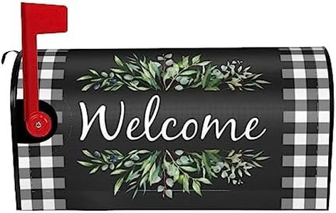 Wreath Buffalo Plaid Mailbox Covers, Welcome Magnetic Mailbox Cover, Plaid and Leaves Mail Box Covers for Garden Outdoor Decor 21 x 18 Inchs Black White