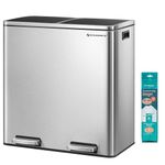 SONGMICS Dual Rubbish Bin, Metal Recycling Bin with 15 Rubbish Bags, 2-Compartment, with Lids, Pedals, Plastic Inner Buckets, Soft Closure, 2 x 8 Gallons (2 x 30 L), Silver and Black LTB60NL