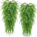 CLONG 2 pcs Artificial Hanging Ferns Plants Vine Fake Ivy Boston Outdoor UV Resistant Plastic Plants (Green)