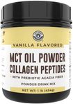 Keto MCT Powder + Collagen + Prebiotic Acacia Fibre, Vanilla, 16oz. MCT Creamer. MCT Oil Powder from Coconuts. MCT Collagen Powder, Grass Fed, Perfect for Keto, 0 Net Carb, Stevia, Erythritol