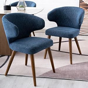 HNY Mid Century Modern Dining Chairs Set of 2, Upholstered Curved Wingback Accent Arm Chairs, Linen Side Chairs with Solid Wood Legs, Navy Blue