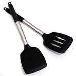 Silicone Spatula Heat Resistant Silicone Handle 2-Piece Set Slotted Turner Flexible Silicone Spatula Nonstick Turner Set for Fried Egg, Barbecue, Hamburg,(Black)