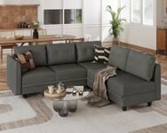 LLappuil Sectional Sofa Modular Faux Leather Fabric Couch with Chaise, Reversible 5 Seater L Shaped Corner Sectional Sofa with Storage Seat, Dark Grey