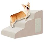 Pet Stairs, Dog Stairs for Small Dogs, Dog Steps, 3-Step Curved Dog Ramp for Bed, Couch, Sofa, Car and Chairs, Non-Slip Bottom Design, Cat Scratching Board, High Density Foam Portable Pet Step, Beige