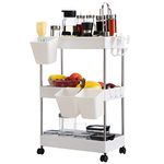 DOEWORKS Storage Trolley Cart, 3-Tier Storage Cart with Wheels Rolling Utility Cart with Hanging Cups Multi-Purpose Storage Shelf Rack for Kitchen Bathroom Bedroom Office, White